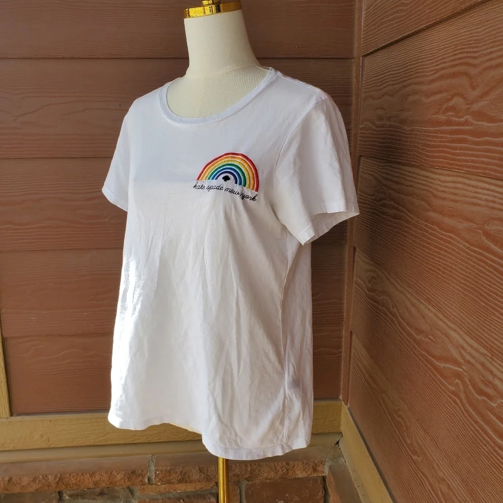 kate spade white rainbow embroidered women's short sleeve top size xl euc